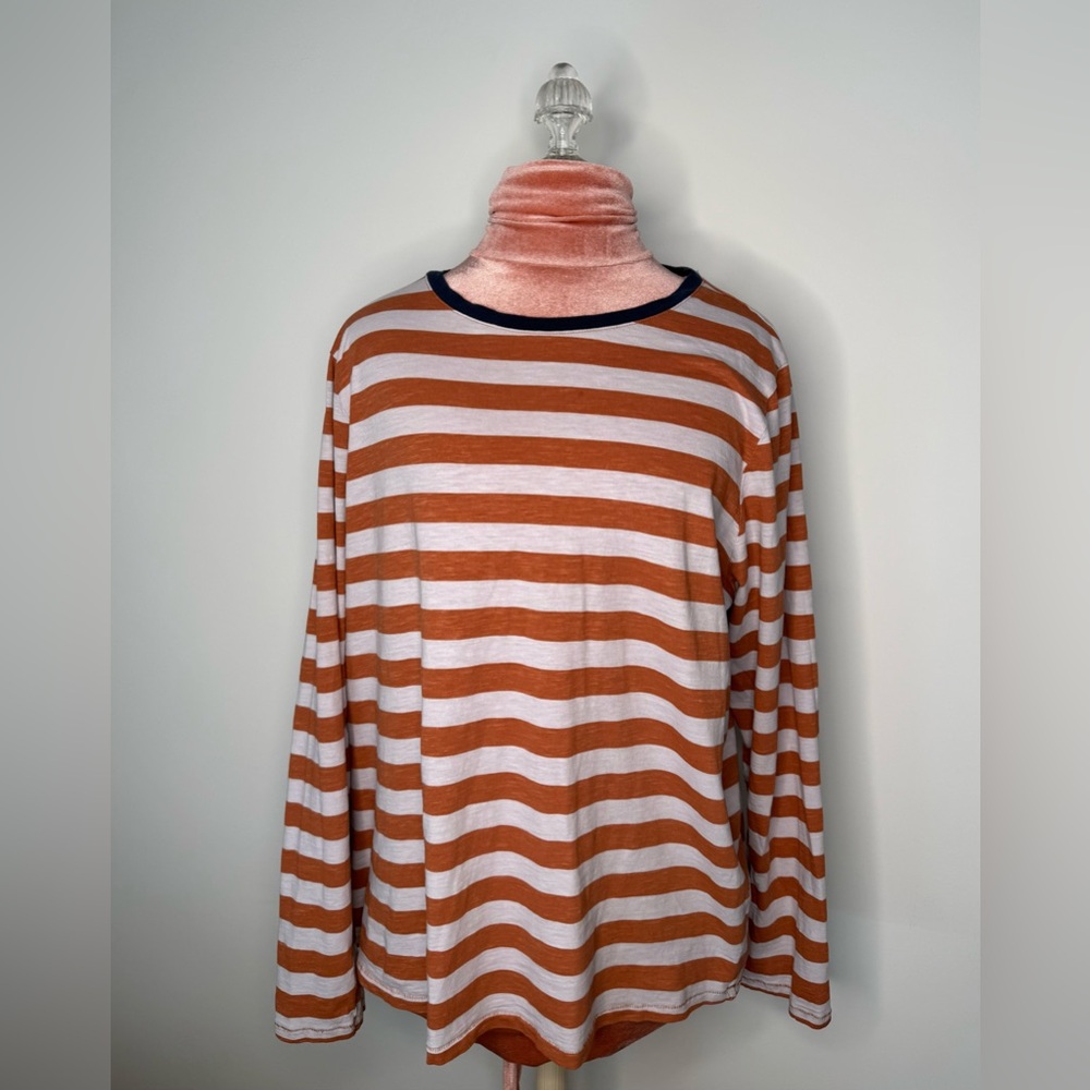Sonoma 100% Cotton Everyday Tee Long Sleeve Striped Rust White Navy Size XXL
